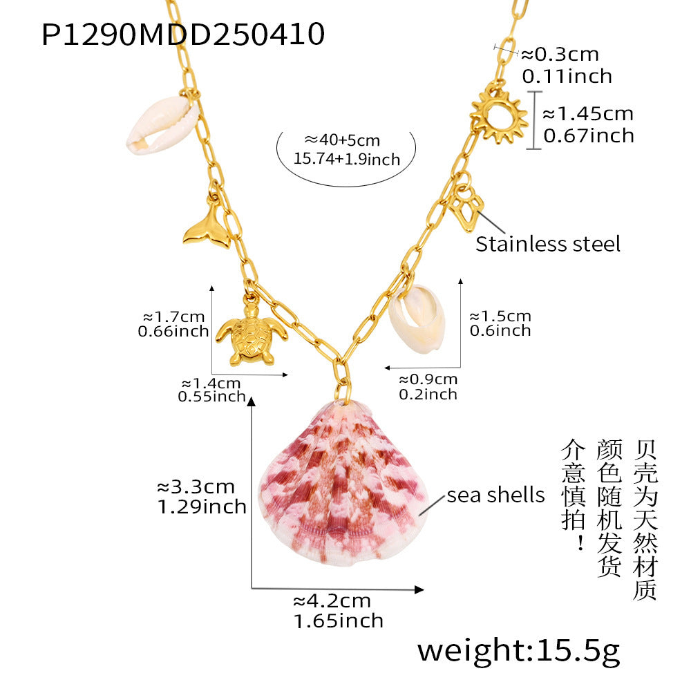 B廠【P1290】不鏽鋼天然貝殼海龜魚尾多配件吊墜項鍊海洋風新款休閒配件 25.04-3