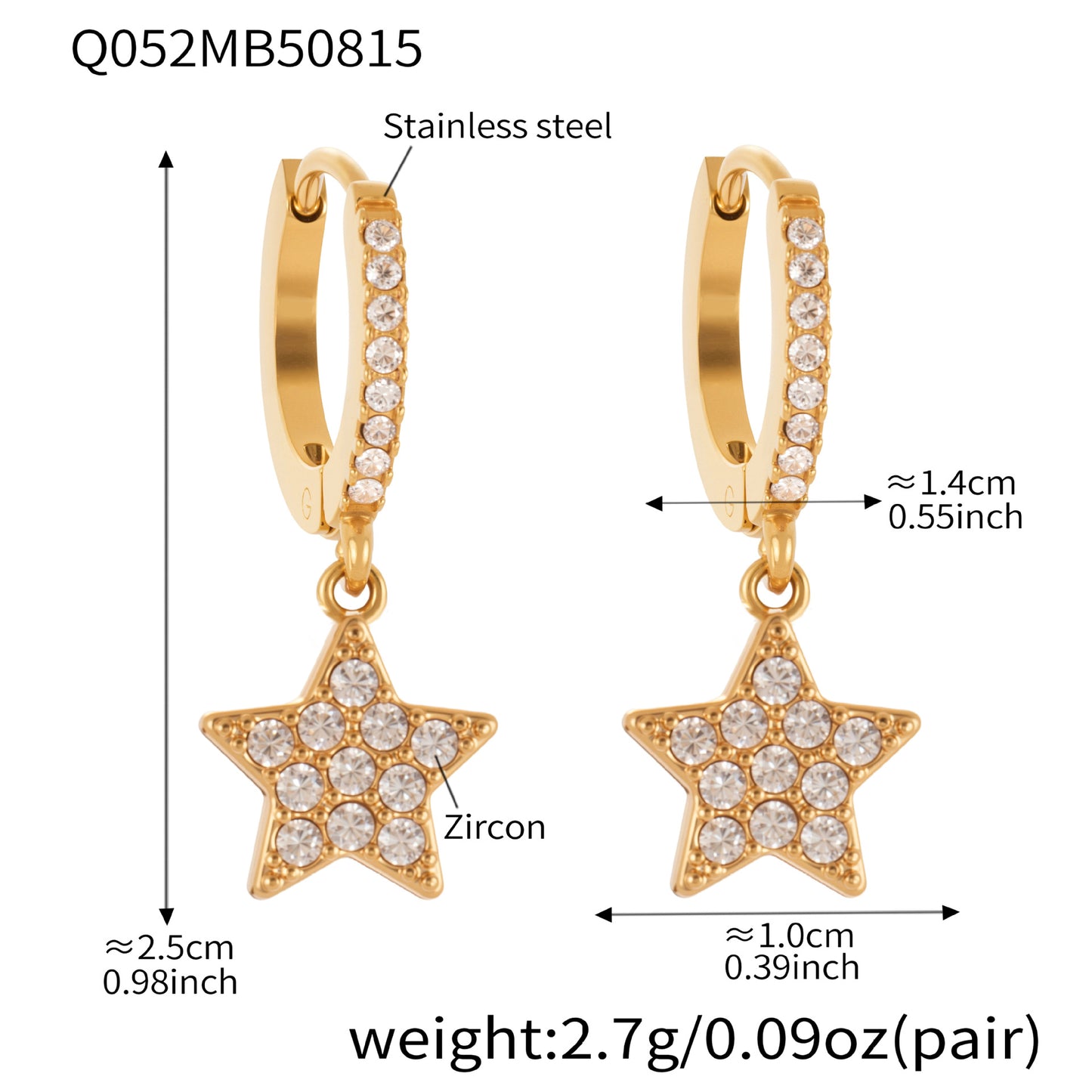 B廠【Q052】歐美飾品不鏽鋼五角星滿鑽鋯石耳環鍍18k真金氣質時尚耳飾 25.08-5