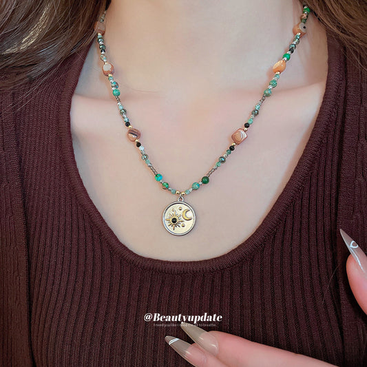 A廠【WN1559】不銹鋼貝殼串珠圓形月亮星星吊墜項鍊復古鎖骨鏈小眾設計感毛衣鏈
 25.10-3