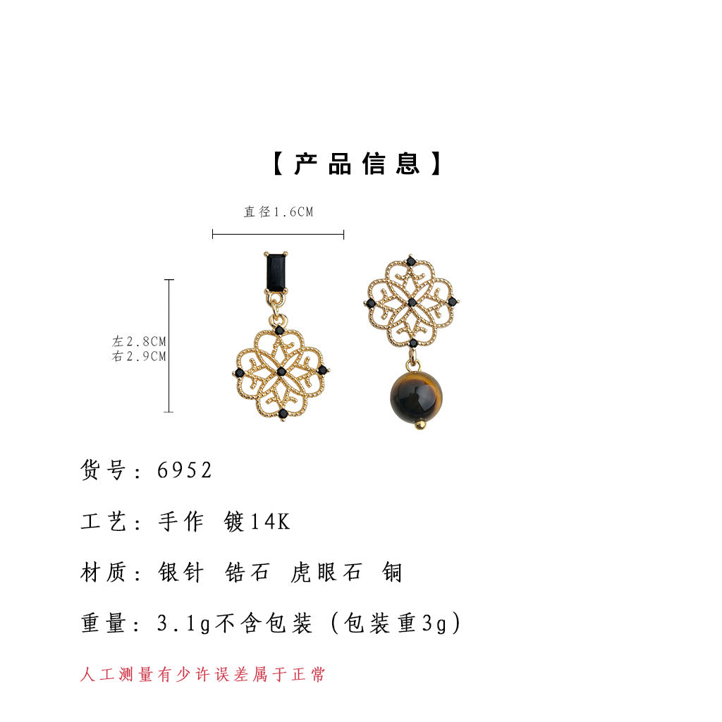 C廠【6952】高級感虎眼石微鑲鋯石925銀針不對稱設計時尚紋理幾何耳飾 耳環女
 25.10-4