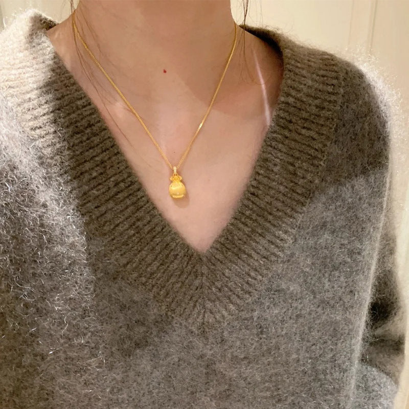 F廠【DQ0673N】中古風福氣滿滿項鍊女S925純銀貴氣千金感福袋點鑽金色鎖骨鏈 25.04-3