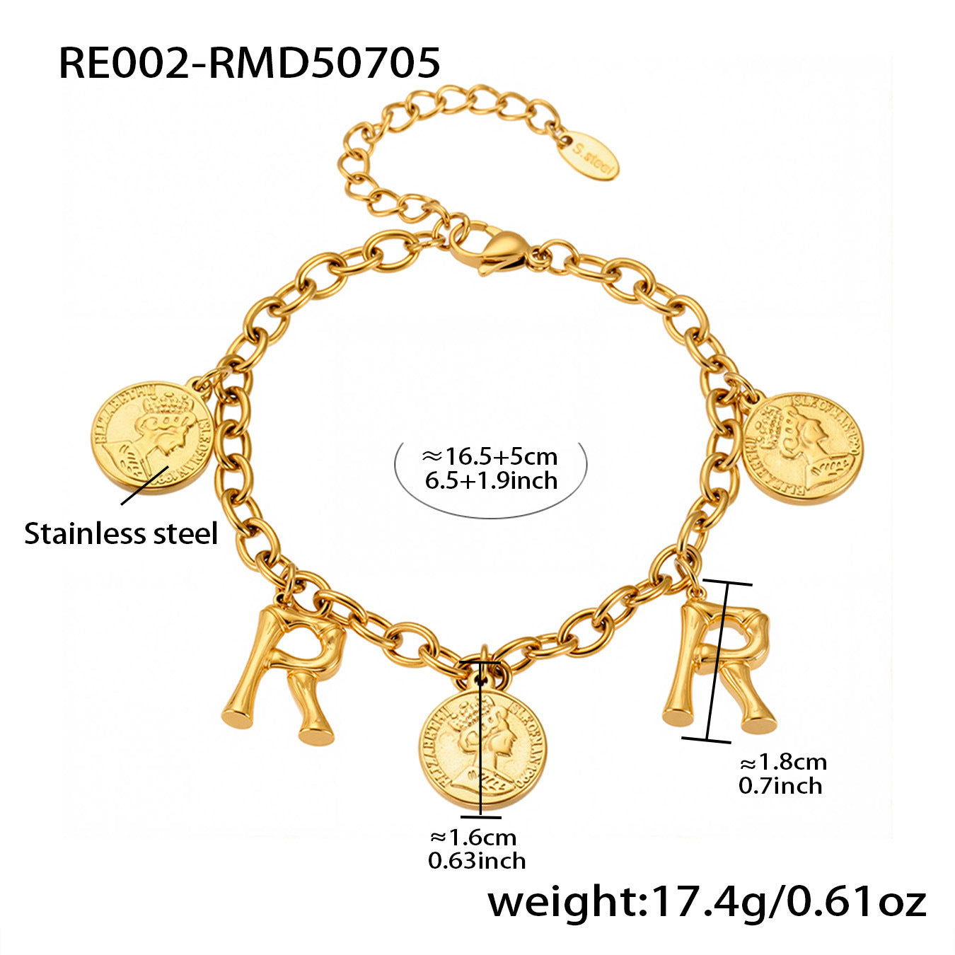 B廠【RE002】歐美飾品不鏽鋼26個字母伊莉莎白女王圖像手鍊鍍18k金色保色 25.07-3
