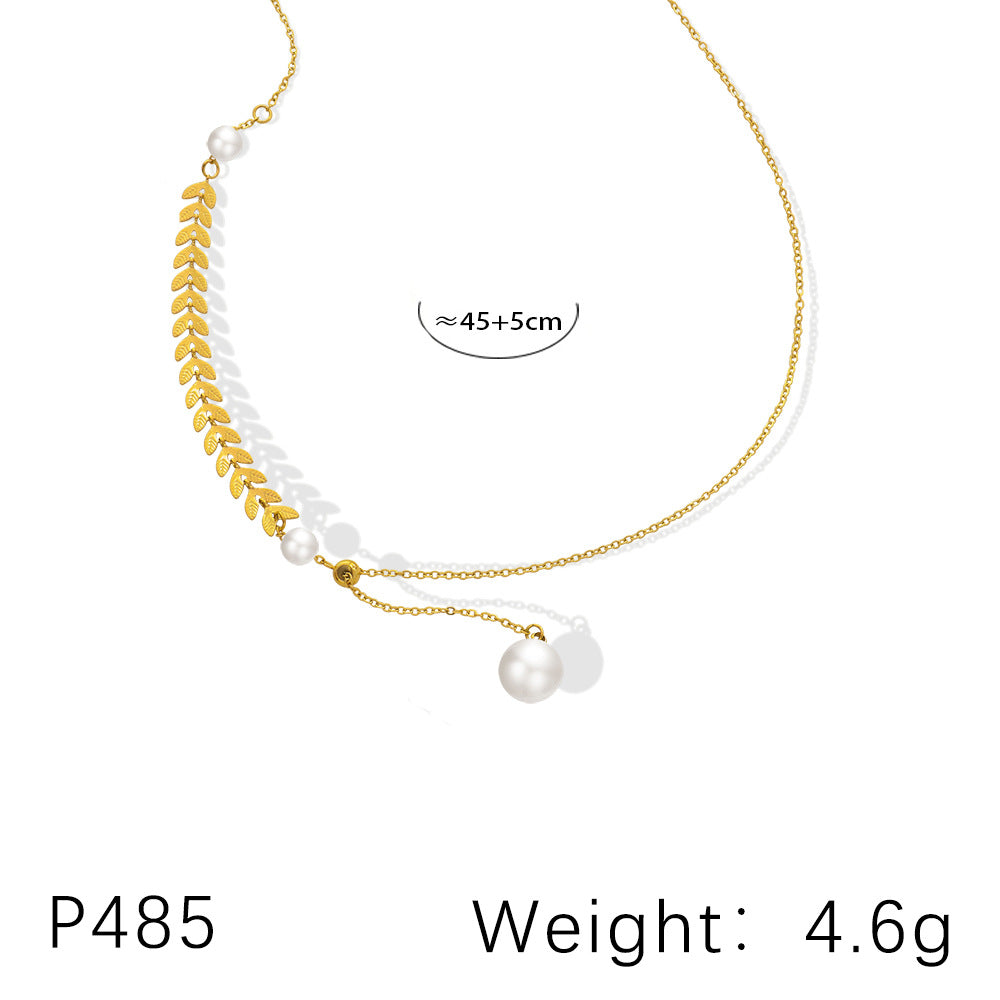 B廠【P485】法式優雅麥穗仿珍珠可調式吊墜項鍊鈦鋼鍍18k真金流蘇氣質鎖骨鏈 24.08-5