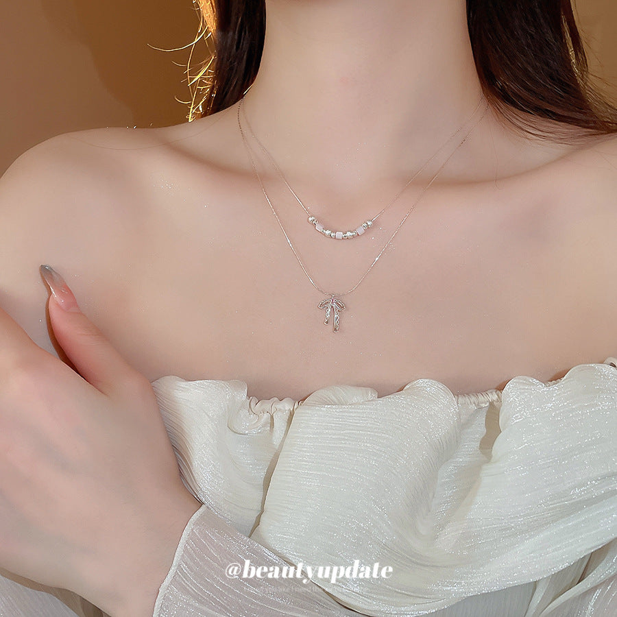 A廠【HN9212】松石鋯石蝴蝶結吊墜雙層項鍊時尚冷淡風鎖骨鏈輕奢高級感頸鍊 25.06-4