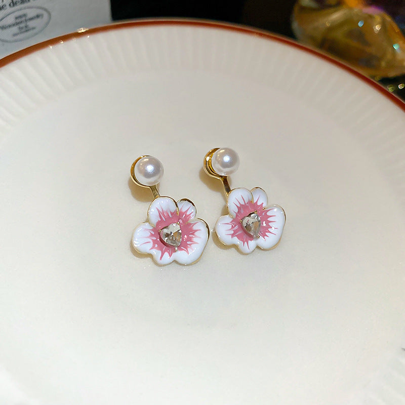 A廠【HE25247】925銀針鑲鑽花朵珍珠滴油耳環夏天森系甜美耳環女小眾高級感氣質耳飾 25.03-2