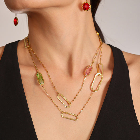 B廠【P2156】歐美時尚雙款式戴切面玻璃石項鍊不鏽鋼材質18k真金飾品 25.06-3