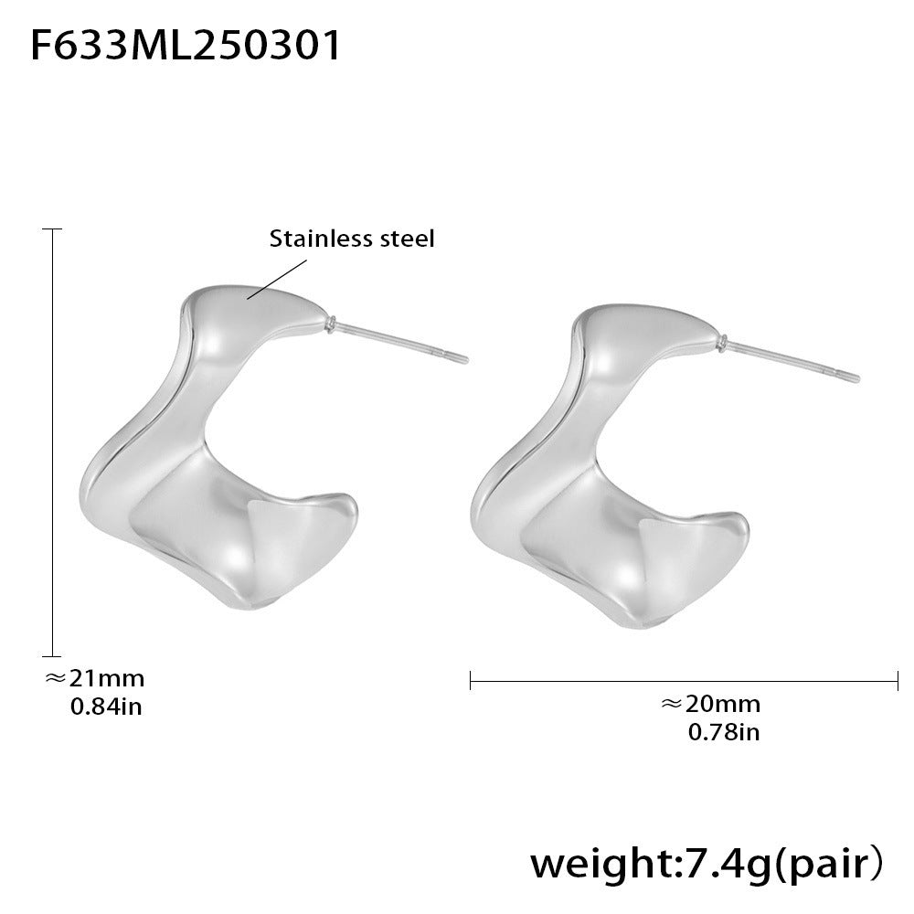 B廠【F1563】不規則褶皺C型耳環耳環不鏽鋼PVD鍍18K真金冷淡風氣質耳飾 25.03-1
