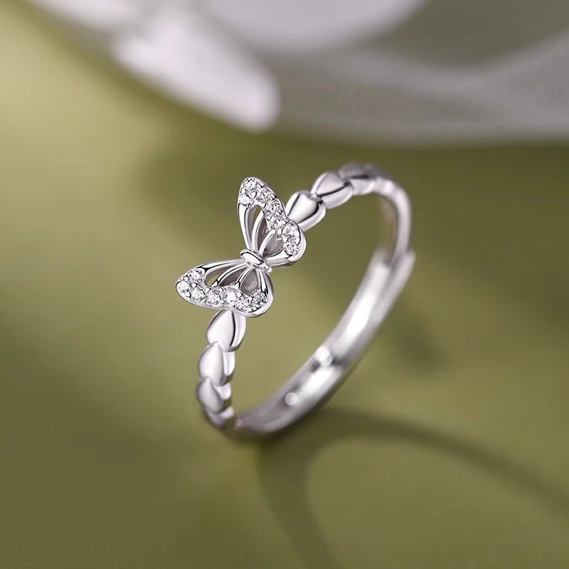 F廠【DQ8549R】小眾設計蝴蝶戒指女S925純銀創意小創意鏤空微鑲素圈開口指環 25.07-4