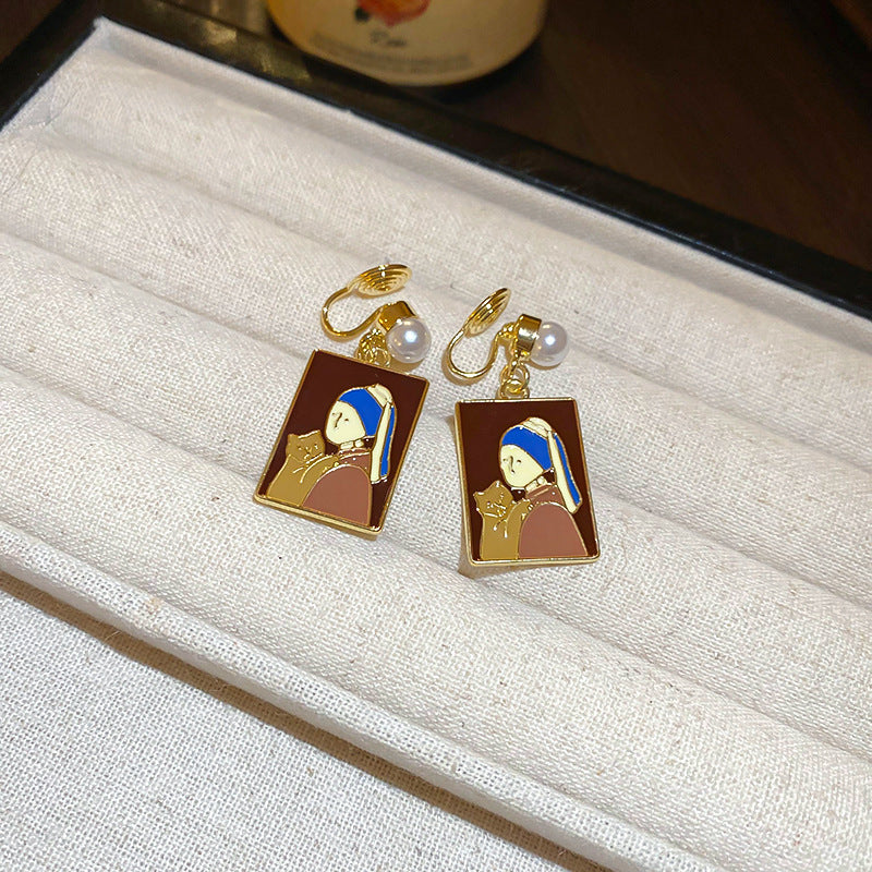 A廠【HE22756】925銀針戴珍珠耳環的少女法式復古油畫耳環耳墜珍珠款氛圍感耳飾 24.10-2