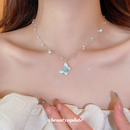 A廠【HN9202】水晶珍珠蝴蝶吊墜三層項鍊小清新小眾少女鎖骨鏈輕奢高級感頸鍊女 25.06-3