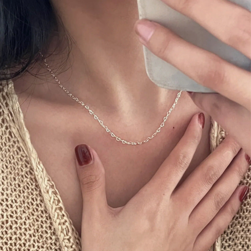 F廠【DQ2088N】足銀999小眾設計愛心項鍊女ins冷淡風素鏈鏤空心形拼接鎖骨鏈 25.03-1