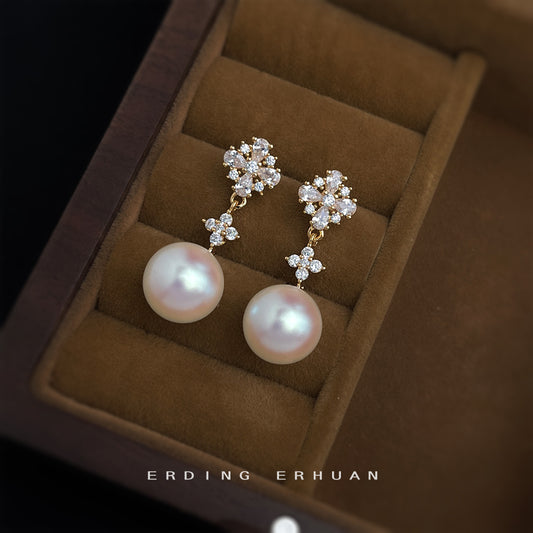 C廠【6249】微鑲鋯石925銀針鍍14K時尚輕奢風簡約長珍珠耳環耳環 25.06-3