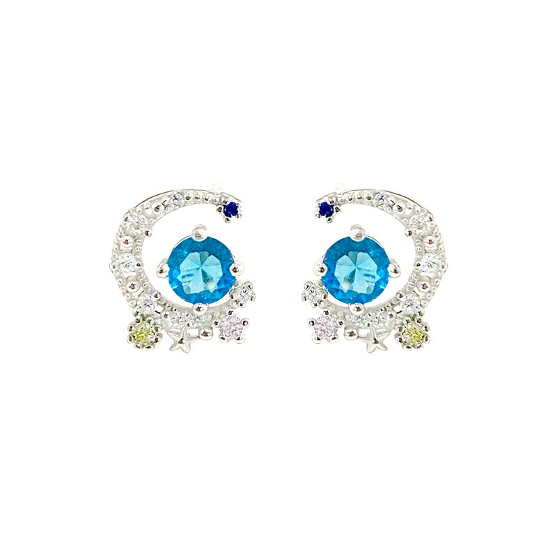 E廠【YC9648E】S925純銀藍色星月耳環輕奢高級感精緻閃亮耳環耳環小眾設計感 24.01-2