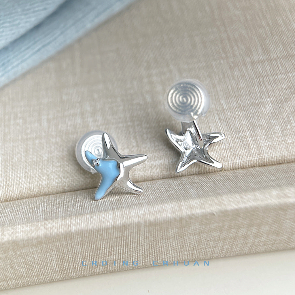 C廠【6076】海洋系~設計師款甜酷琺瑯滴釉清新甜美藍色小海星925銀針耳環耳飾 25.05-4