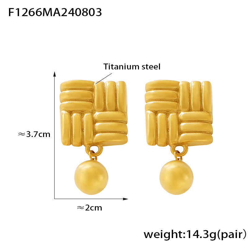 B廠【F1075】歐美復古針織紋理方牌圓球吊墜耳環鍍18k金鈦鋼時髦個性流蘇耳飾 24.08-2