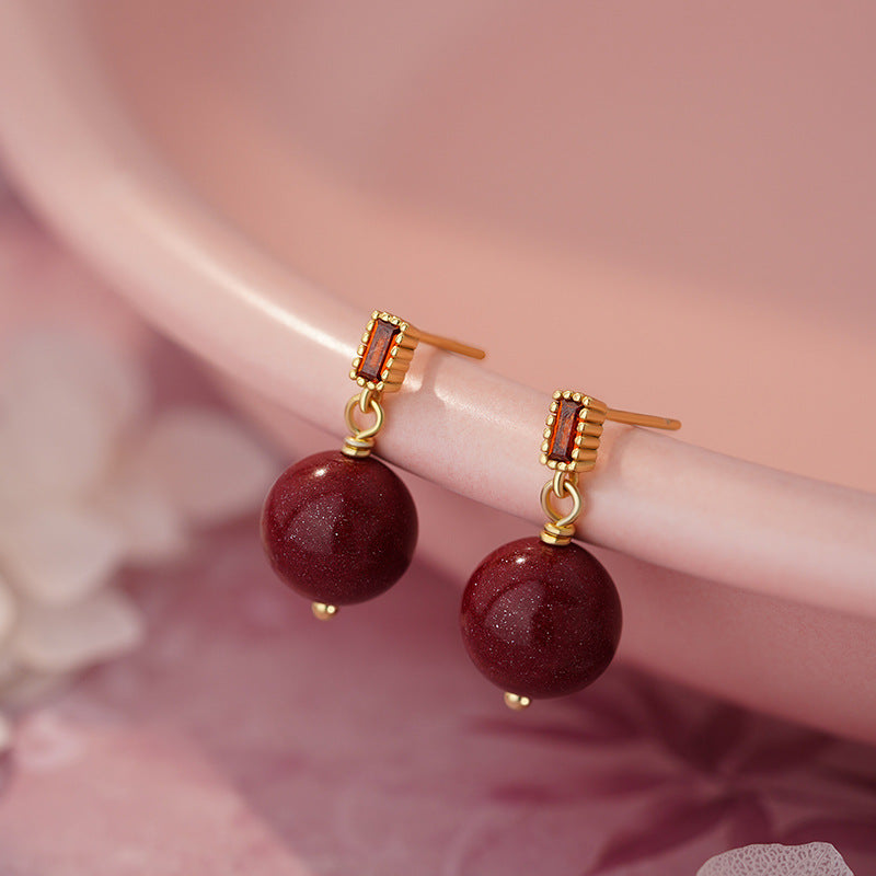 E廠【YC6186E】S999足銀S925純銀國風方形鋯石硃砂耳環女本命年百搭紅色耳環 25.06-1