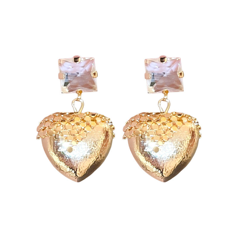 A廠【HE24787】真金電鍍925銀針方塊拉絲愛心耳環法式氣質設計感耳環耳飾輕奢高級感 25.01-4