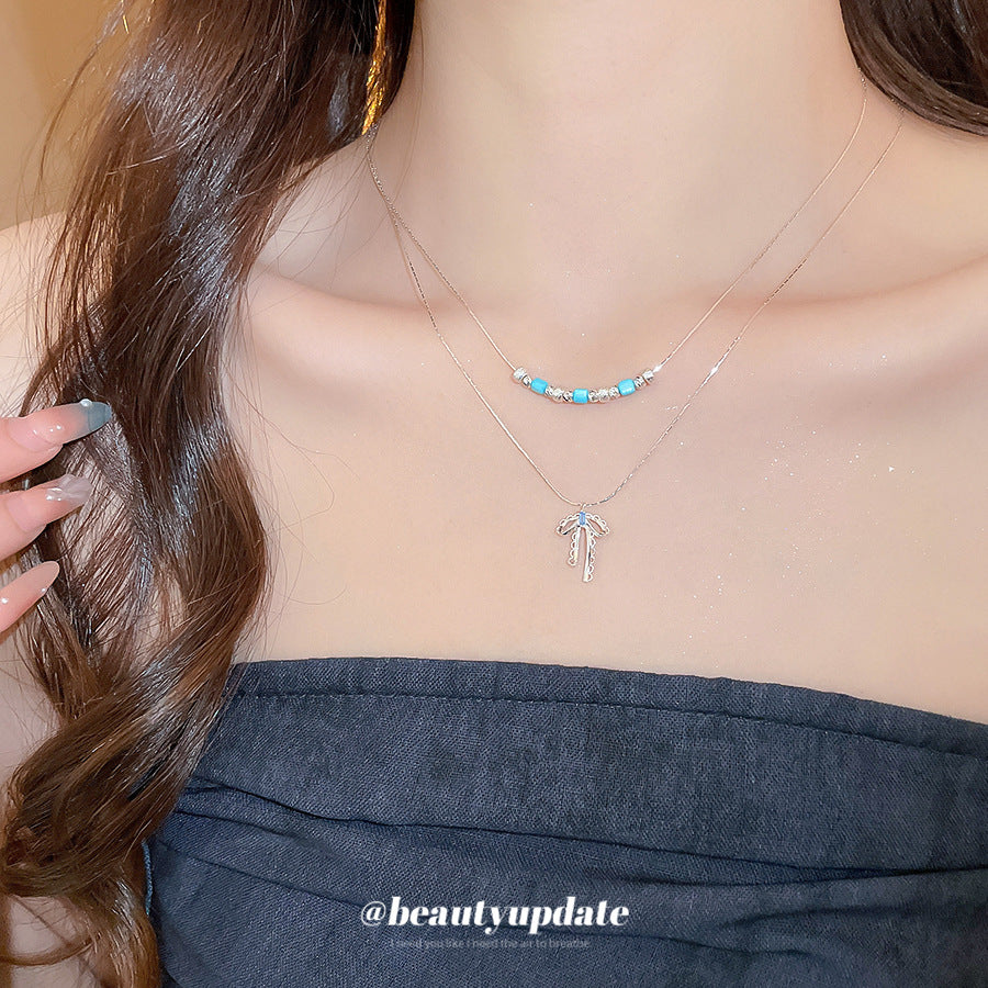 A廠【HN9212】松石鋯石蝴蝶結吊墜雙層項鍊時尚冷淡風鎖骨鏈輕奢高級感頸鍊 25.06-4