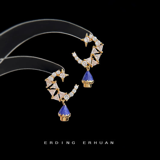 C廠【6210】原創設計師鑲嵌焦點石925銀針鍍14K月亮國家高級感小眾耳飾耳環 25.06-2