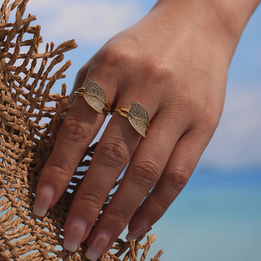 B廠【A724】新款飾品不鏽鋼葉子造型5A鋯石超閃滿鑽側開口戒指鍍18k金 25.05-1