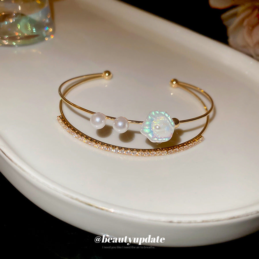 A廠【HB3664】鋯石雙層花朵珍珠開口手鐲2025小眾百搭手環輕奢高級感手飾 25.04-1