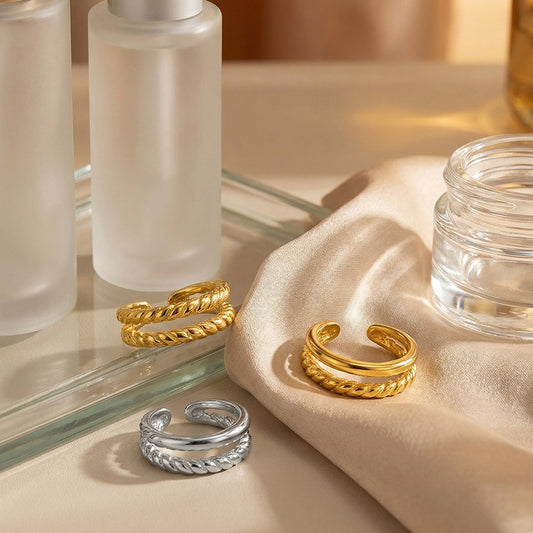 B廠【A123】歐美時尚簡約麻花雙層開口戒指不鏽鋼鍍18k真金氣質開口女士戒指
26.02-1