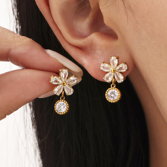 B廠【F343】超閃5A鋯石花朵耳環不鏽鋼材質18k鍍金跨境時尚耳環不掉色 25.06-3