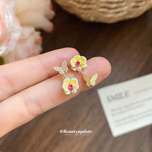 A廠【HE27315】925銀針鋯石滴油不對稱花朵吊墜耳環輕奢高級感耳環復古宮廷風耳飾女 25.06-3