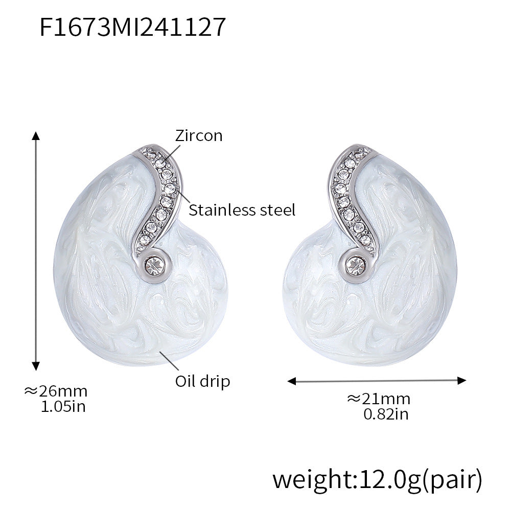 B廠【F1673】宮廷耳環海螺藍色系鋯石鈦鋼PVD鍍金琺瑯彩釉簡約保色耳飾 24.12-1