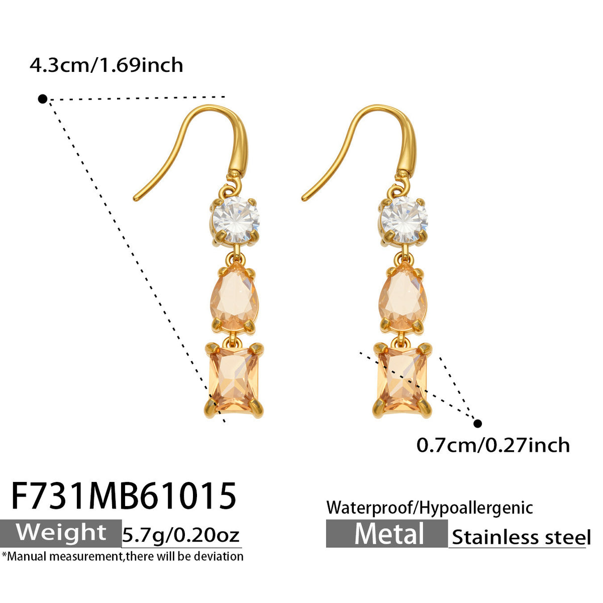 B廠【F731】拼接彩锆石耳墜不鏽鋼鍍金三層結構耳環
26.10-4