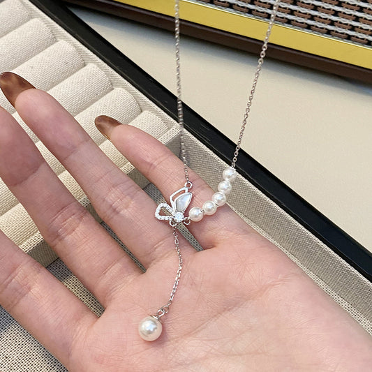F廠【DQ2062N】S925純銀精緻蝴蝶貝殼項鍊女輕奢高級感仿珍珠流蘇鎖骨鏈 25.02-2