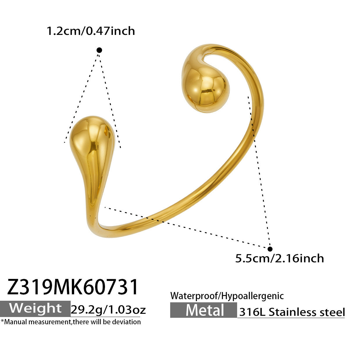 B廠【Z319】時尚新款鈦鋼PVD真空電鍍金色開口水滴不規則手環ins風格簡約飾品女
26.08-1
