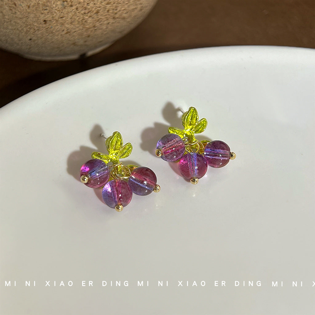 C廠【B-502】手工紫葡萄串耳環清新甜美春夏少女感度假風俏皮紫色水果耳飾銀針 25.04-4