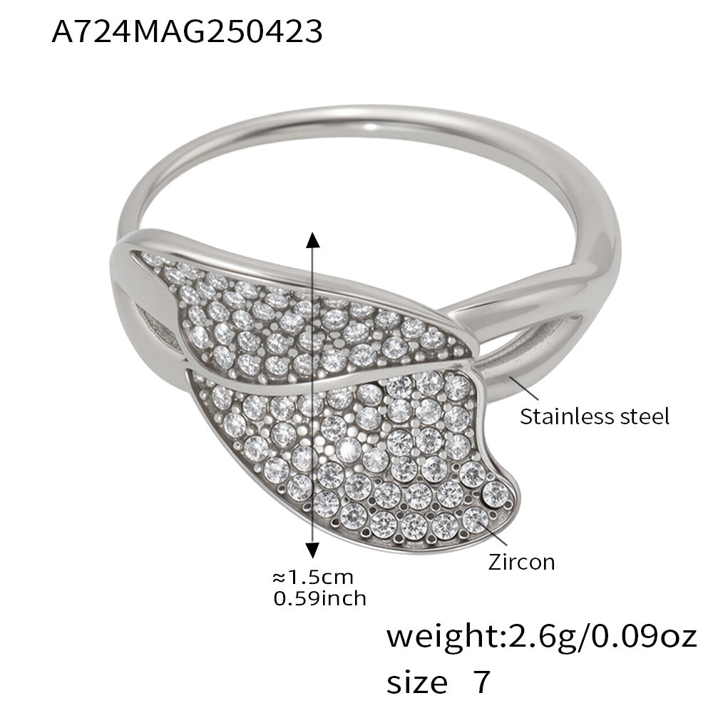 B廠【A724】新款飾品不鏽鋼葉子造型5A鋯石超閃滿鑽側開口戒指鍍18k金 25.05-1