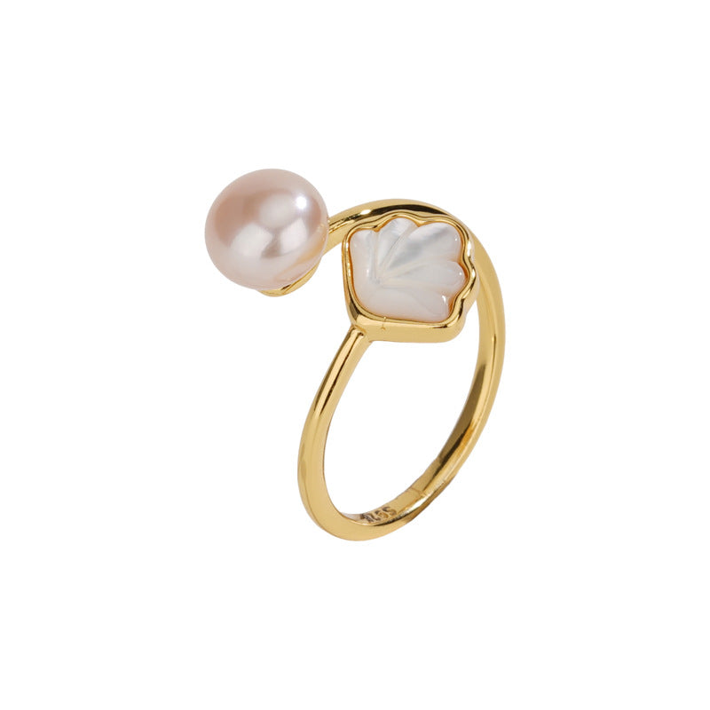 F廠【DQ8312R】S925純銀復古氣質淡水珍珠戒指女小眾設計貝殼銀杏葉開口指環 25.03-2