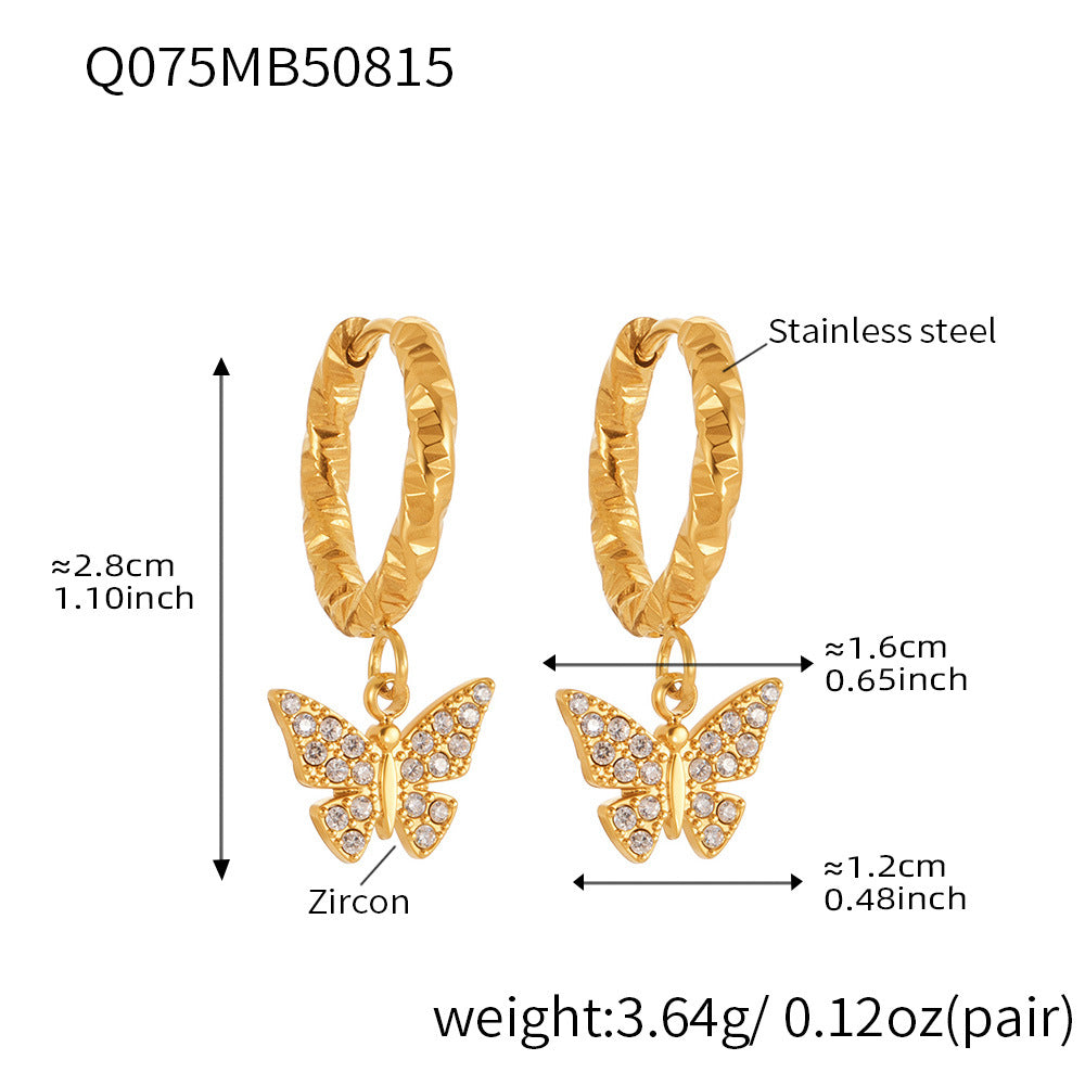 B廠【Q062】歐美飾品不銹鋼蝴蝶吊墜帶鑽耳環鍍18k真金跨境熱銷耳飾女 25.08-5