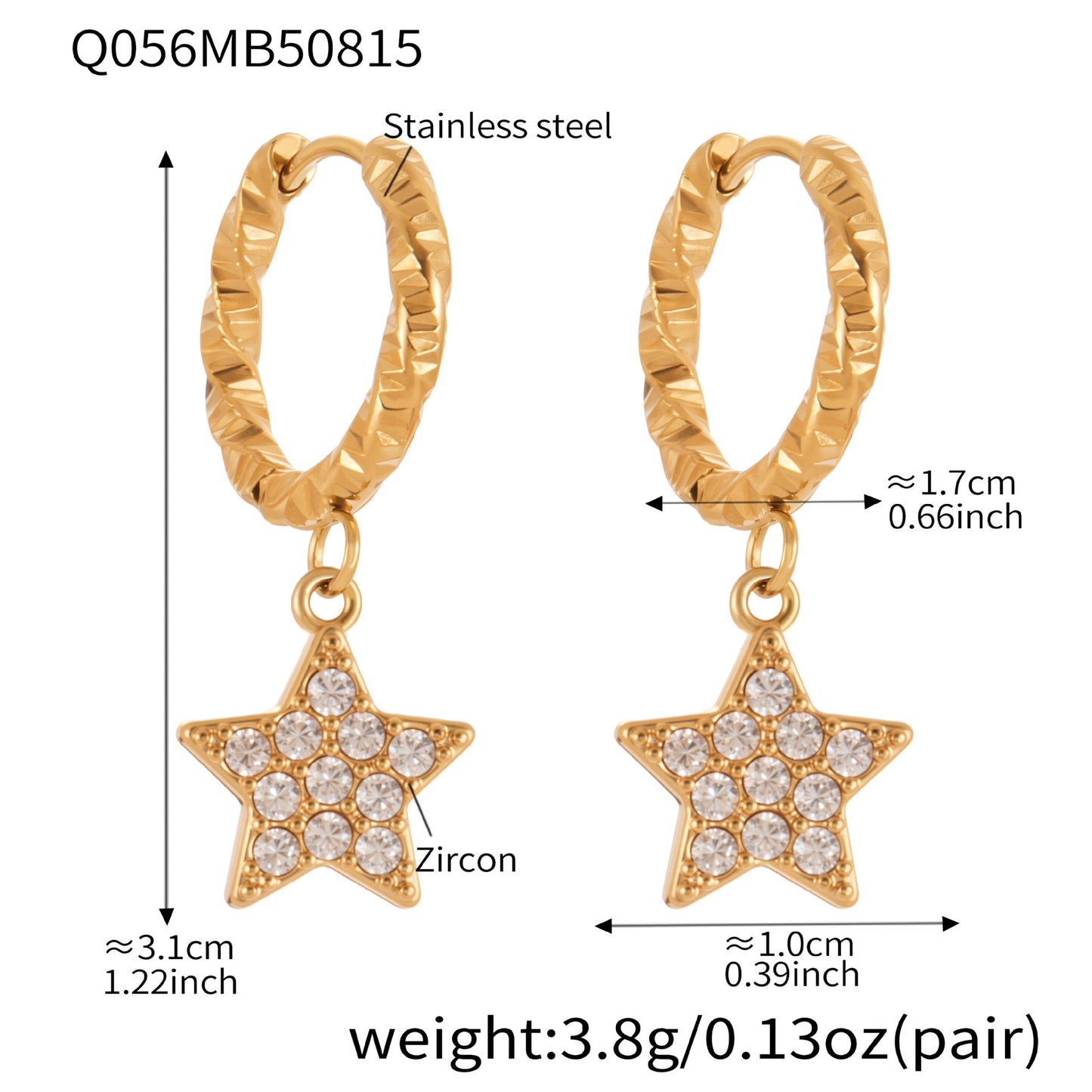 B廠【Q052】歐美飾品不鏽鋼五角星滿鑽鋯石耳環鍍18k真金氣質時尚耳飾 25.08-5