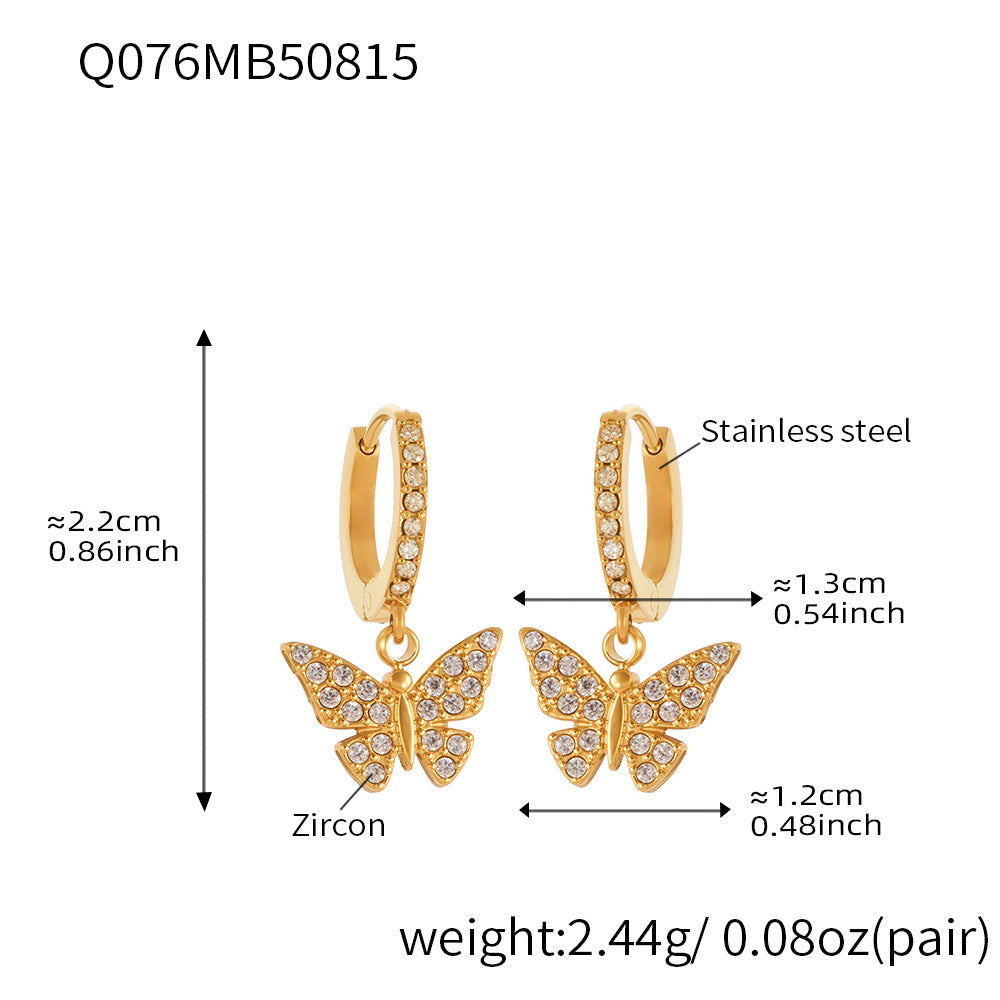 B廠【Q062】歐美飾品不銹鋼蝴蝶吊墜帶鑽耳環鍍18k真金跨境熱銷耳飾女 25.08-5