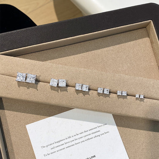 F廠【DQ11710E】S925純銀公主方鑽四爪耳環女簡約時尚高級感超閃單鑽精緻耳飾 25.05-3