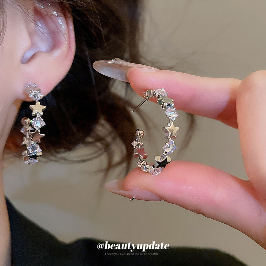 A廠【WE4838】925銀針超閃鋯石星星幾何C形耳環簡約百搭時尚耳環輕奢高級感耳飾女
 25.10-5