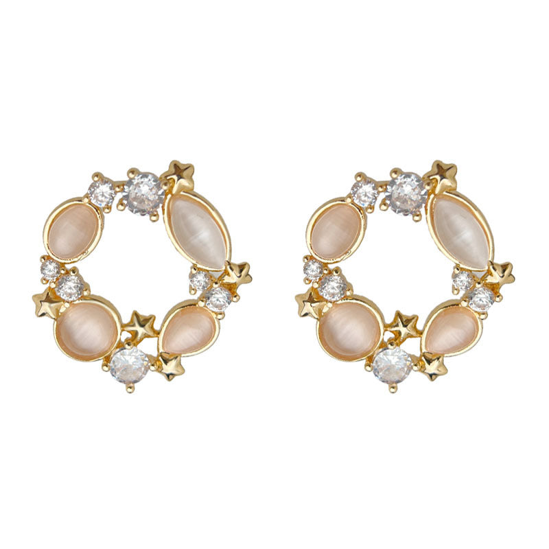 C廠【6958】原創設計玻璃貓眼石微鑲鋯石925銀針鍍14K通勤高級感圓耳環耳飾
 25.10-4