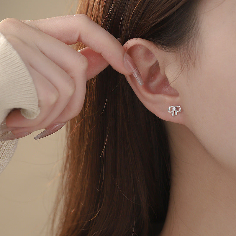 E廠【YC7337E】S999足銀蝴蝶結鋯石耳環甜美公主精緻氣質養耳洞耳飾 25.03-1