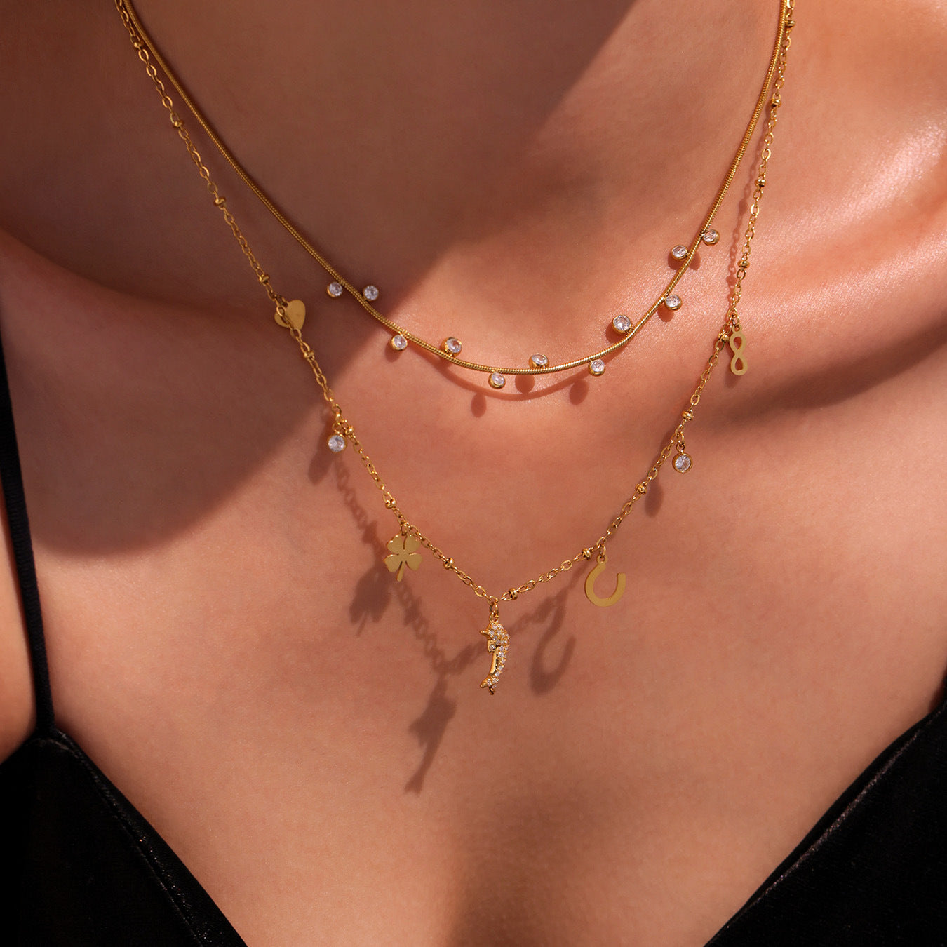 B廠【P1335】不鏽鋼5A鋯石小海豚8字多配件吊墜疊戴項鍊鍍18k真金飾品女 25.05-2