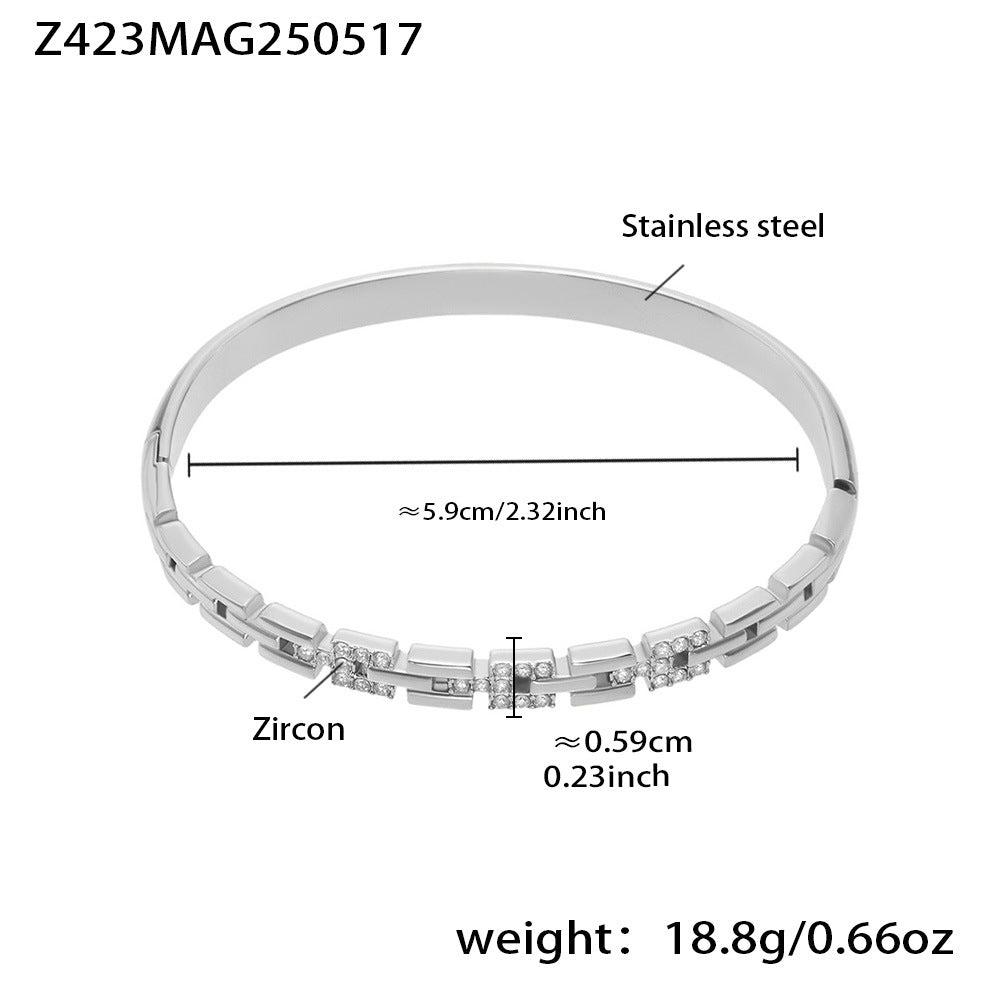 B廠【Z423】新款5A鋯石長城紋帶鑽超閃卡扣手鐲不鏽鋼鍍18k真金手鐲子潮 25.05-4