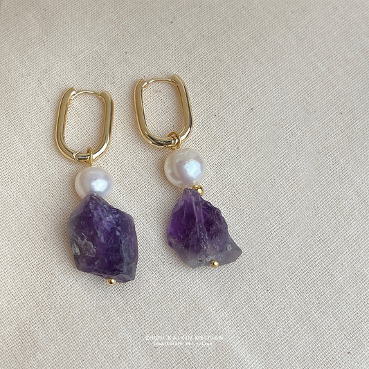 C廠【6566】天然石紫水晶巴洛克異形淡水珍珠時尚高級感輕奢風新款耳環耳環女 25.08-3