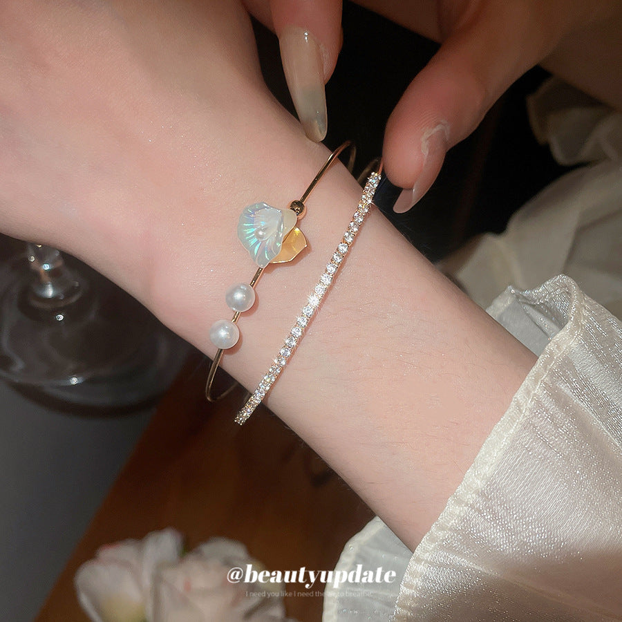 A廠【HB3664】鋯石雙層花朵珍珠開口手鐲2025小眾百搭手環輕奢高級感手飾 25.04-1