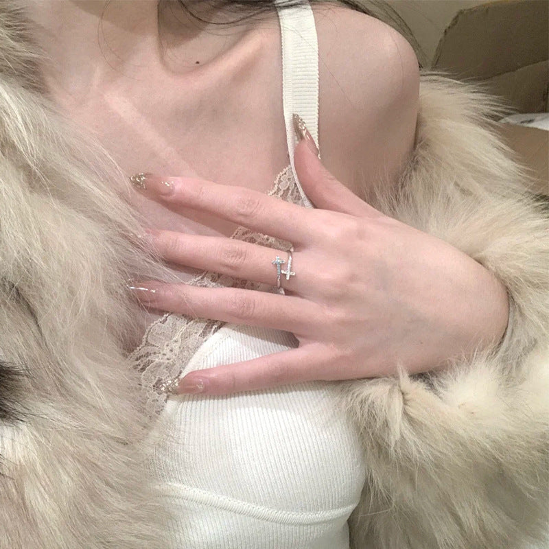 F廠【DQ8489R】ins冷淡風雙層十字架戒指女S925純銀韓系高級感鋯石開口指環 25.05-5