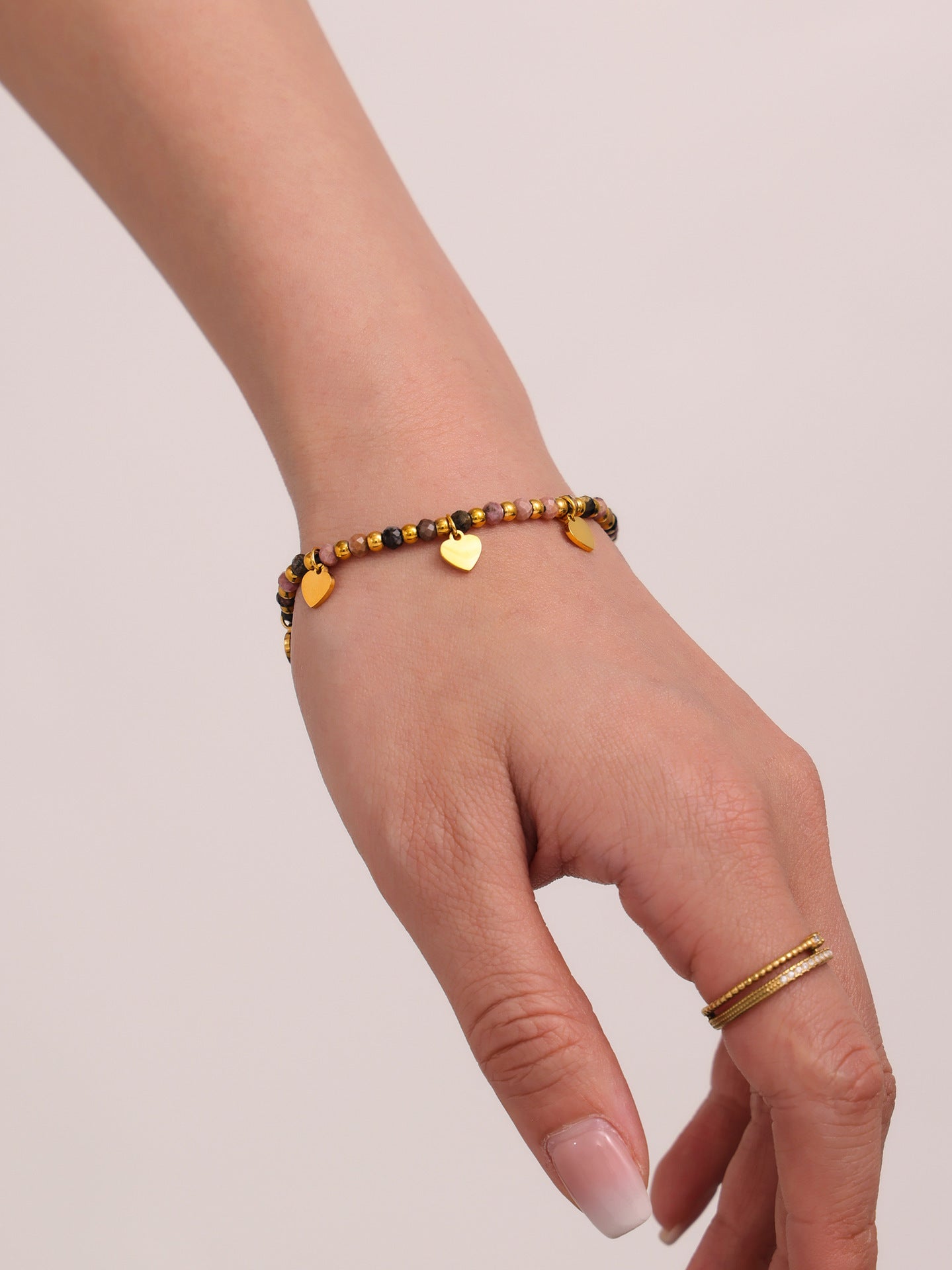 B廠【TXP243】歐美飾品不銹鋼愛心鋯石吊墜天然石串珠項鍊手鍊套裝 25.04-1