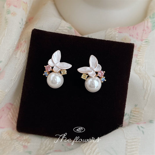 C廠【6253】清新清新微鑲彩鋯石眼鏡施家珍珠蝴蝶耳環女婚紗耳環飾品 25.06-3