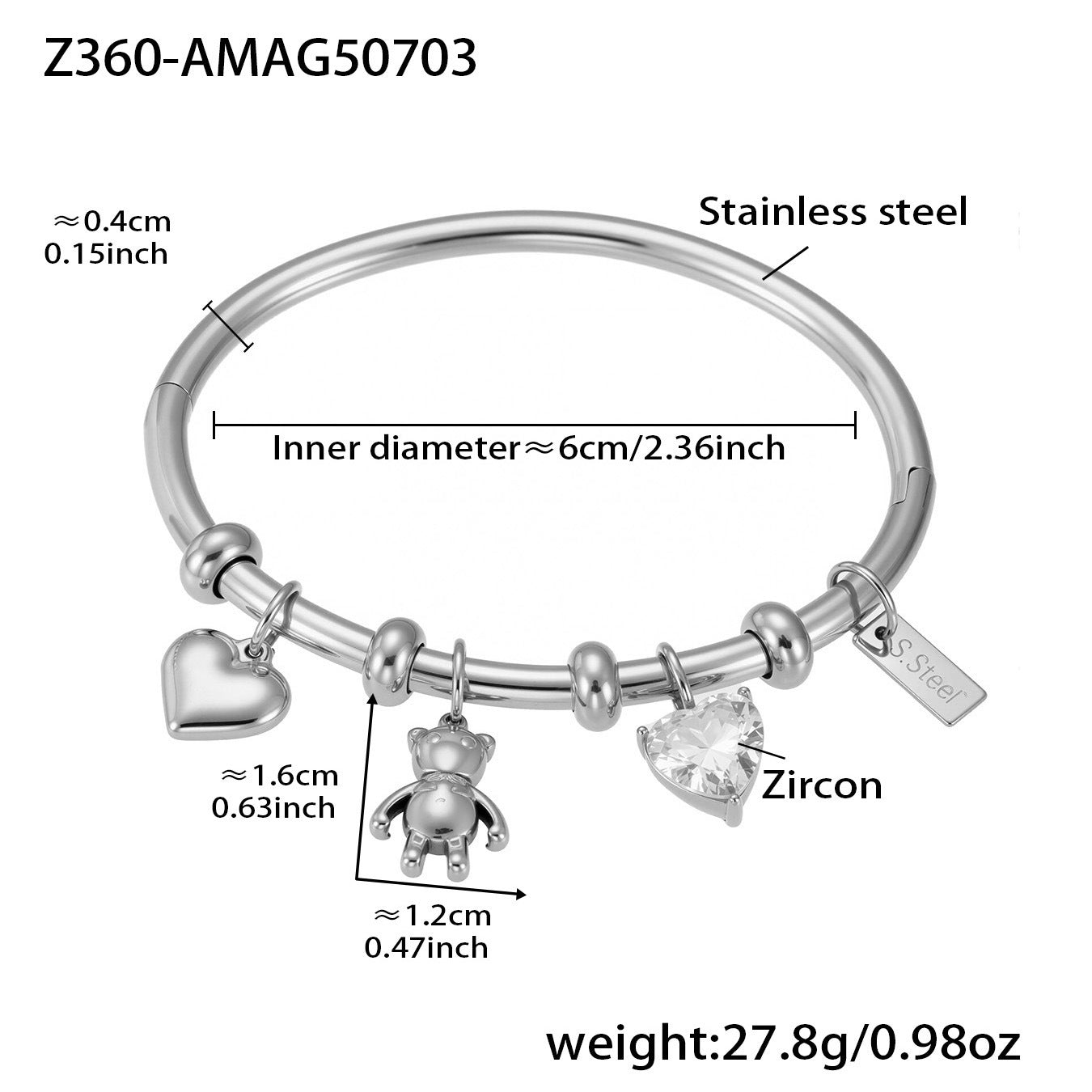 B廠【Z360】不鏽鋼愛心大鋯石小熊小象DIY配件手鐲18k鍍真金不掉色飾品 25.07-3
